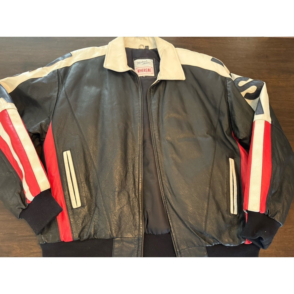 Michael Hoban Wheremi Vintage USA Leather Bomber Jacket Black Red White XL